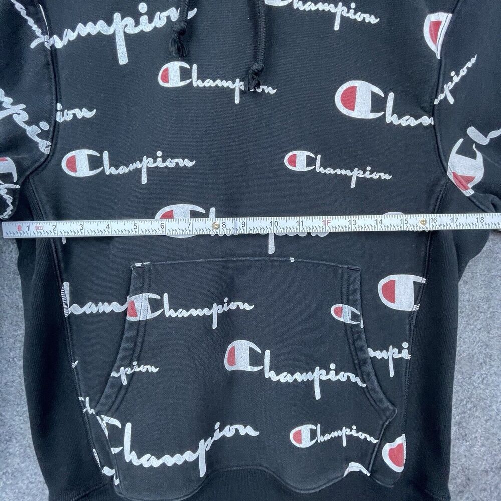 Champion Reverse‎ Weave Hoodie Mens Small Black All Over Logo Script Sweatshirt - Picture 6 of 6